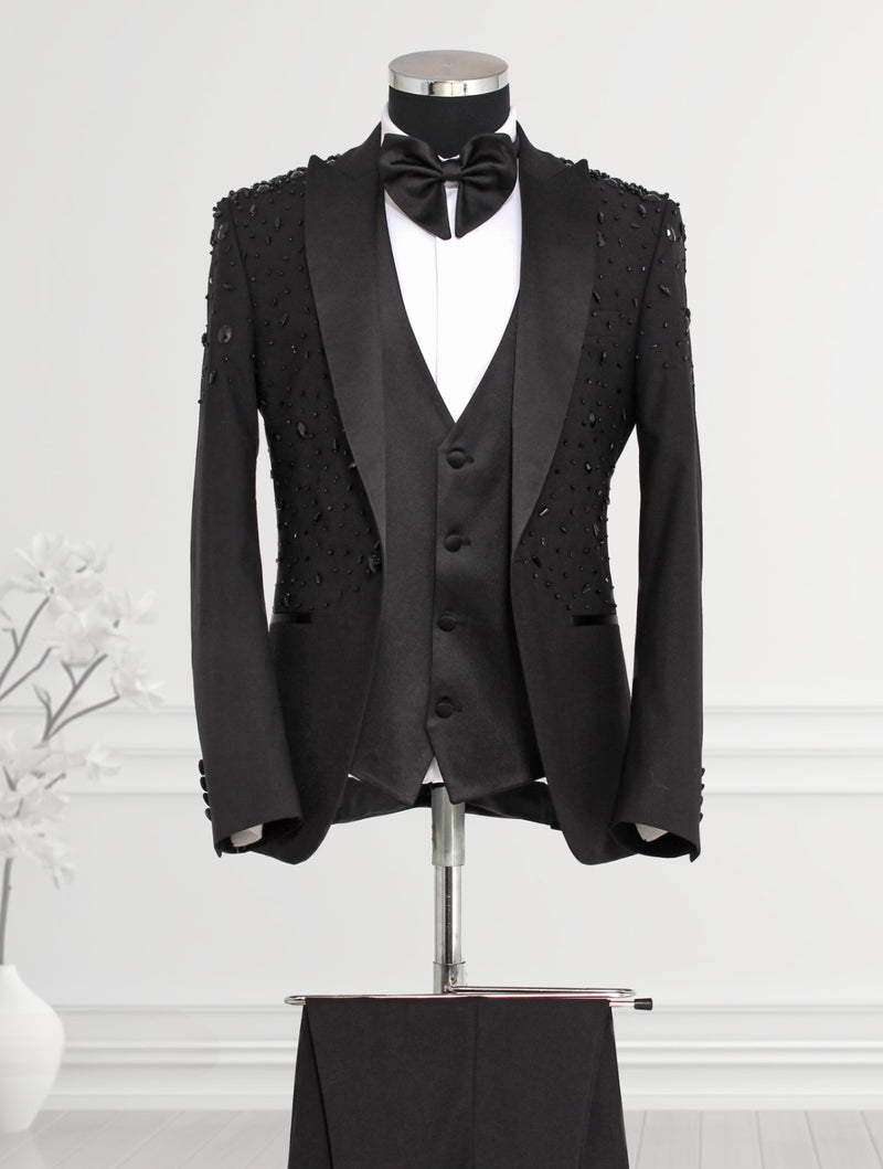 Black Rhinestone Decorated Black 3 piece Tuxedo