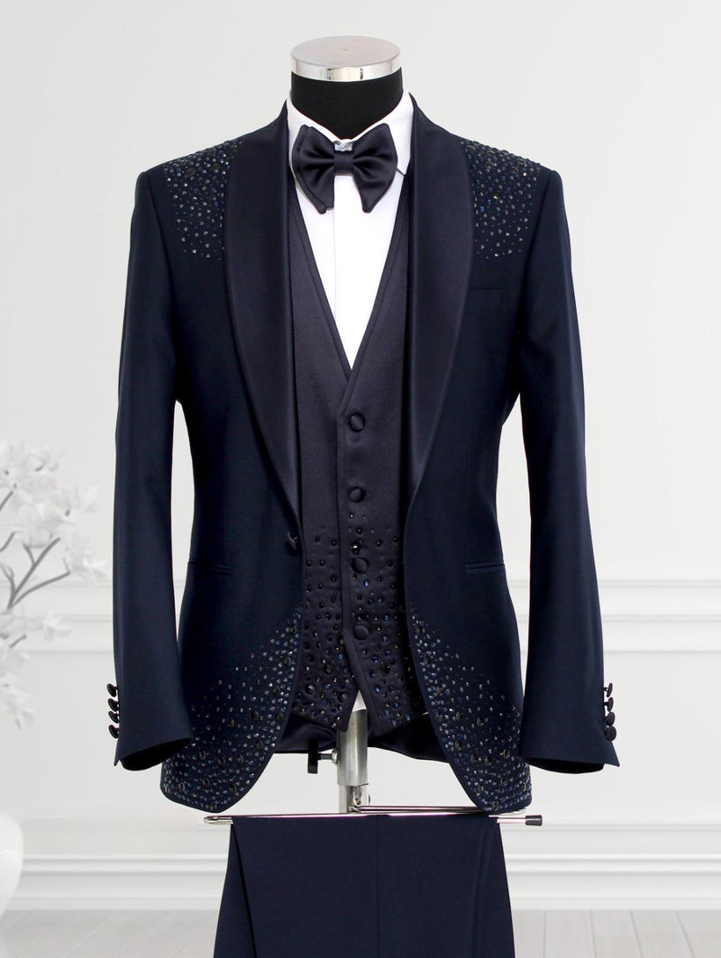 Black Rhinestone Decorated Blue Tuxedo