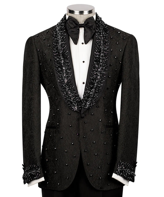 Black tuxedo with decorative lapels on a mannequin against a white background