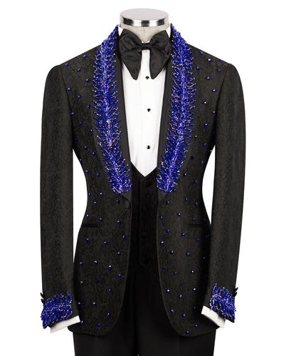Black tuxedo with blue embellishments on a mannequin against a white background