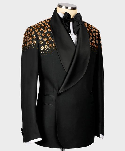 Black tuxedo with floral shoulder details 