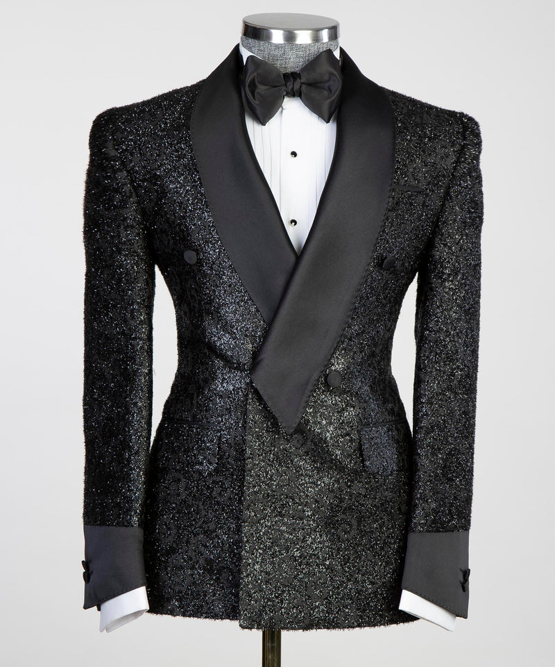 Black Shiny Belted Tuxedo for Party 