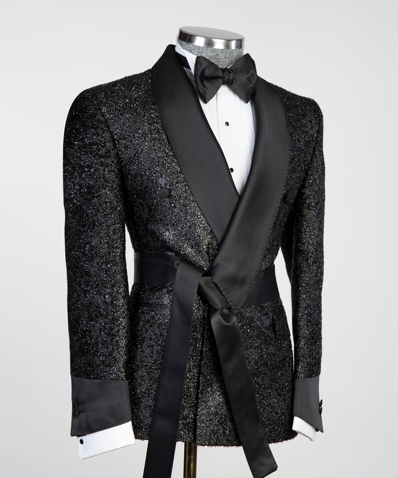 Black Shiny Belted Tuxedo for Party 