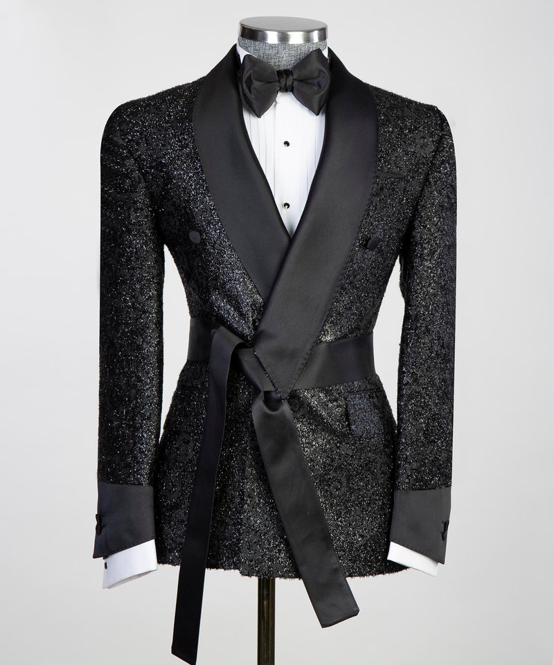 Black Shiny Belted Tuxedo for Party 