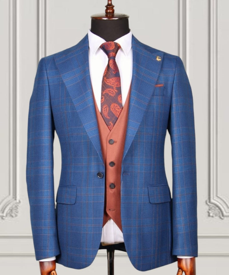 Blue Brown Check Slim Fit Suit