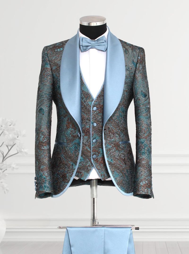 Blue Floral Velvet Shawl Lapel Elegant Men Tuxedo