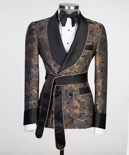 Brown Double Breasted Lapel Belted Suit