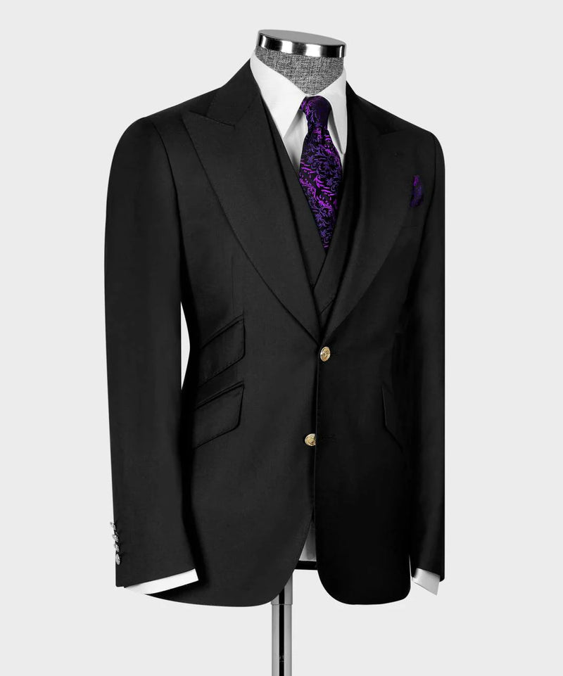 Classic Black Wool Suit with Gold Button