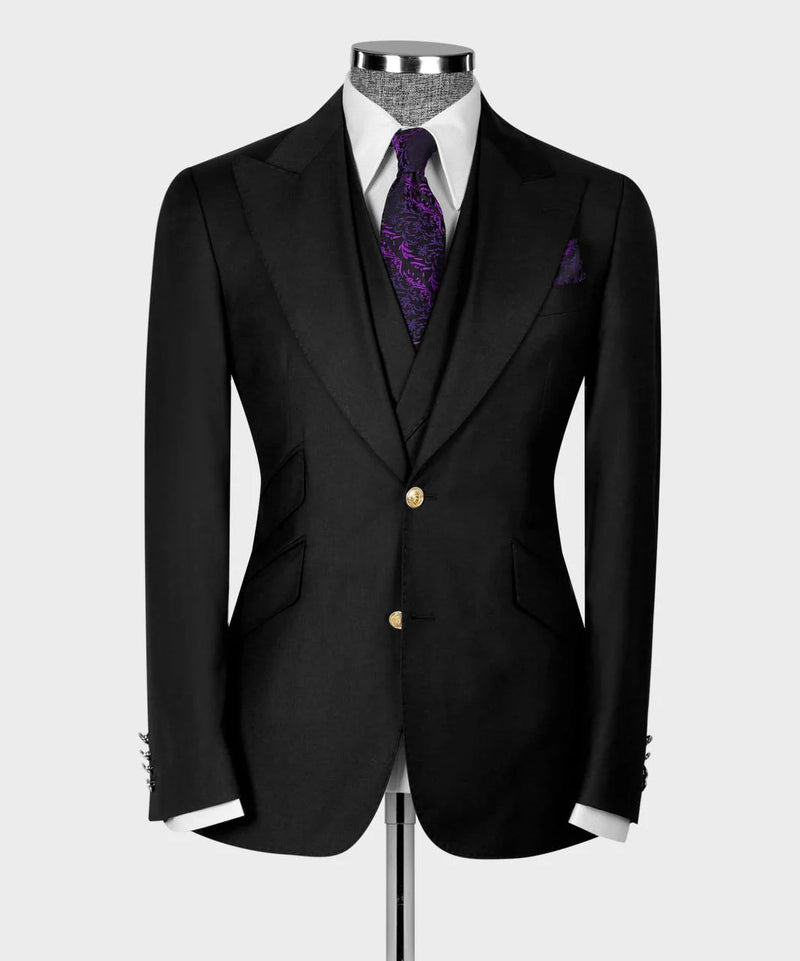 Classic Black Wool Suit with Gold Button