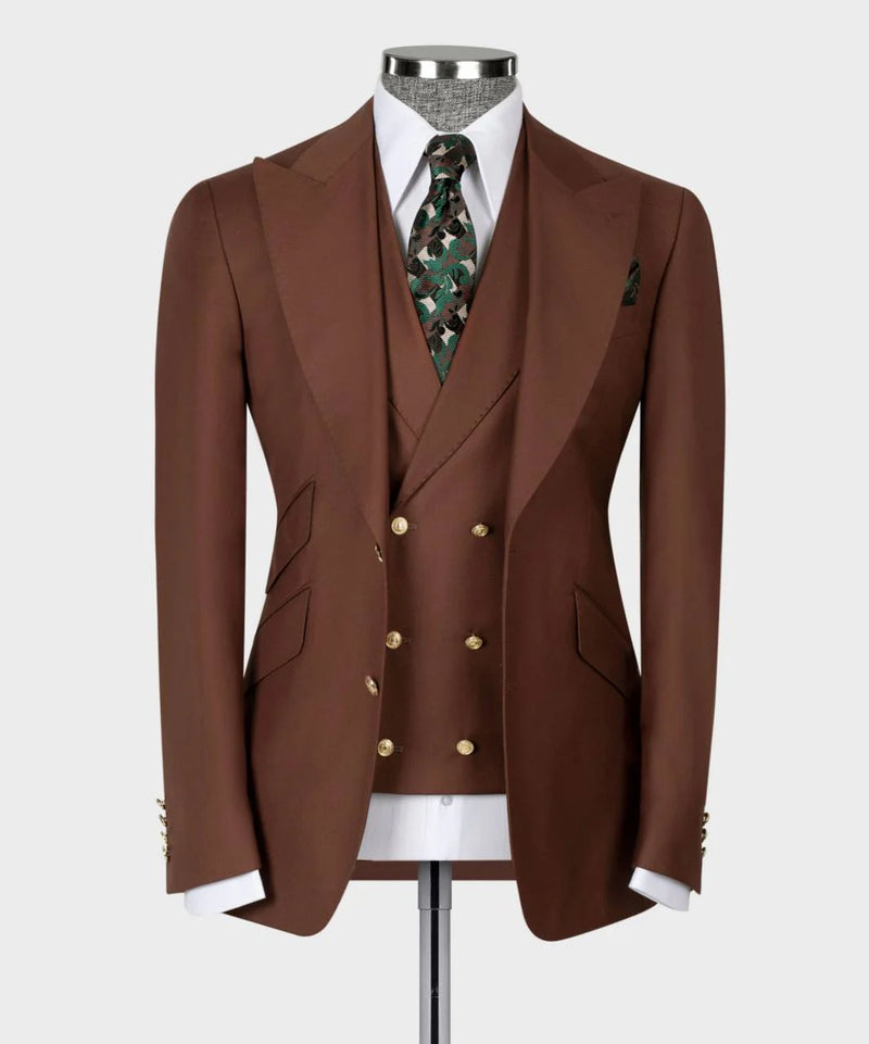 Classic Brown Wool Suit with Gold Button