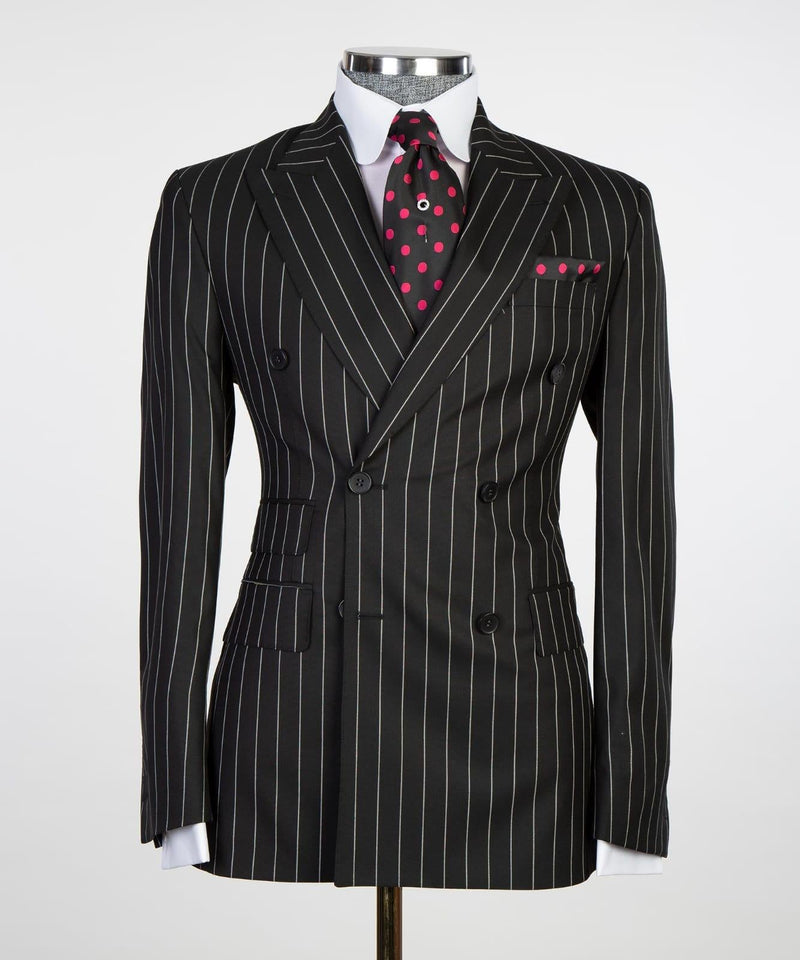 Classic Double Breasted Black Striped Suit 