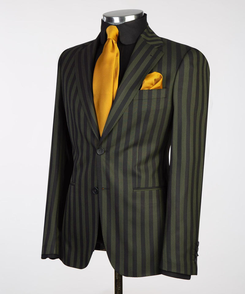 Dark Olive Green Suit With Black Strip 