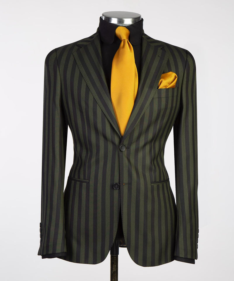 Dark Olive Green Suit With Black Strip 