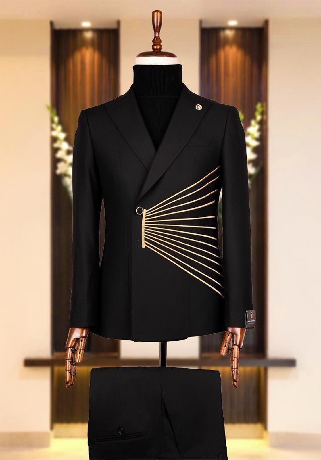 Designer Black Double Breasted Suit Wedding 