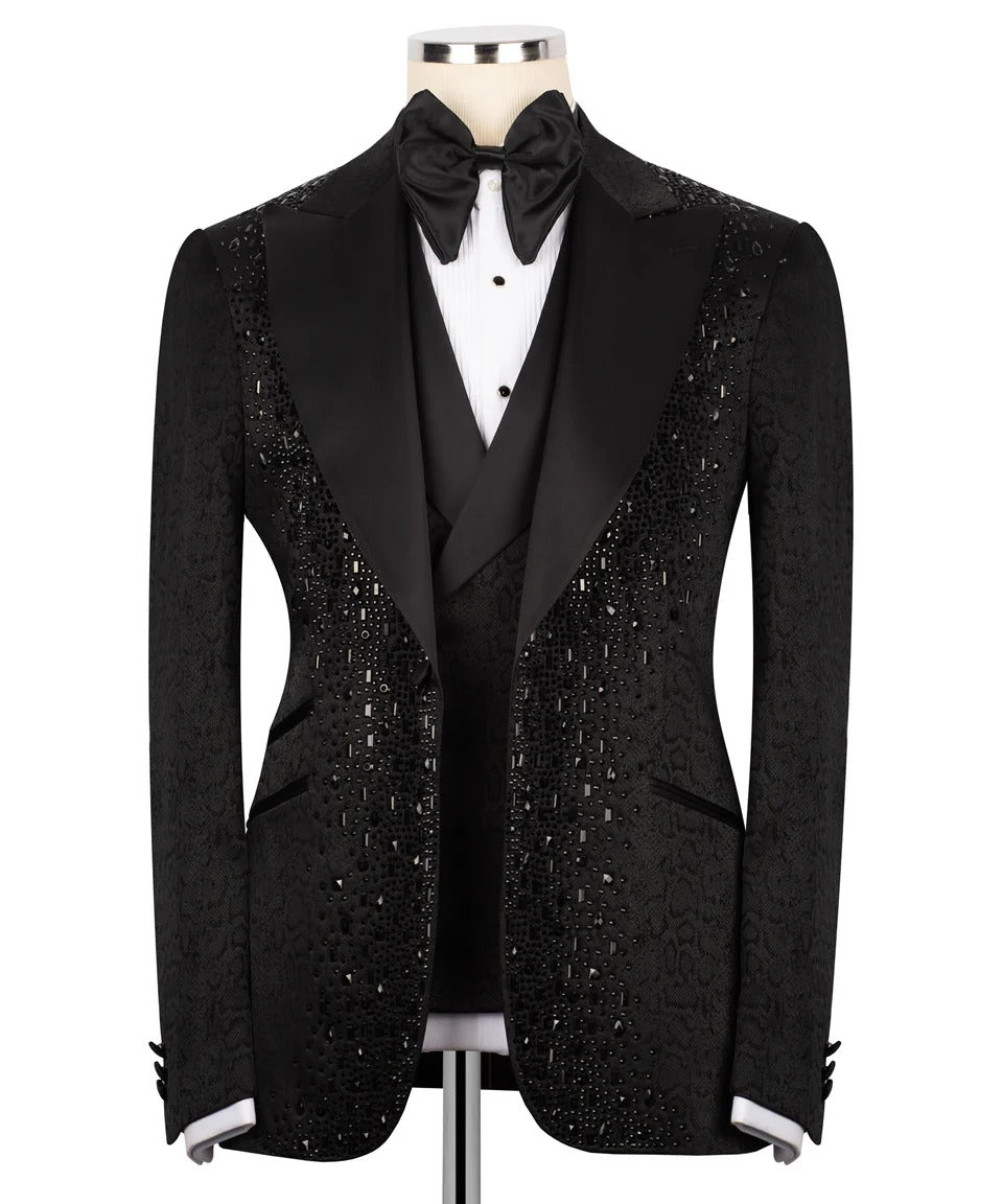 Black tuxedo with sequin detailing on a mannequin 