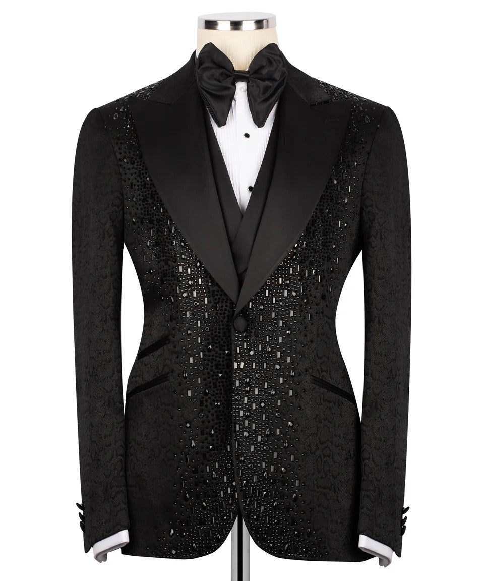 Black tuxedo with sequin details on a mannequin against a white background