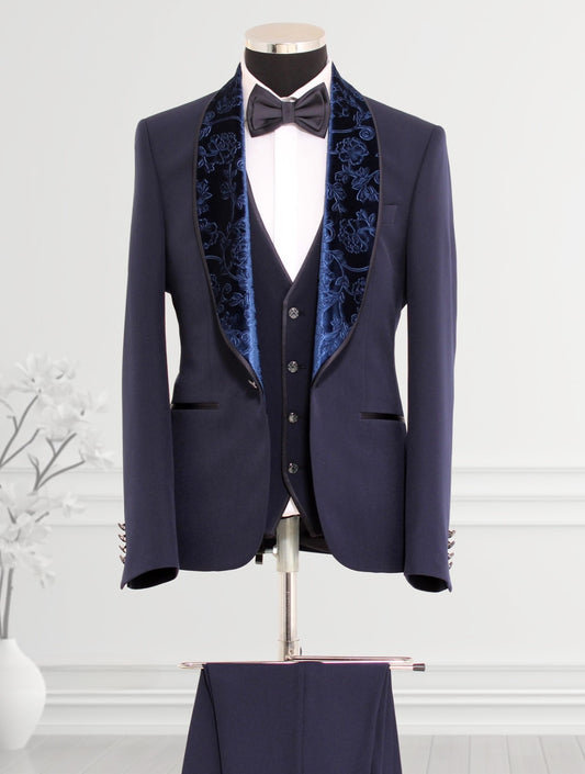 Embroidered Shawl Lapel Collar Blue Tuxedo