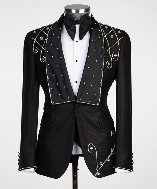 Embroidered Silver Beaded Black Tuxedo