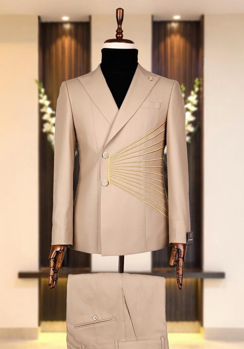 Embroidery Double Breasted Beige Suit