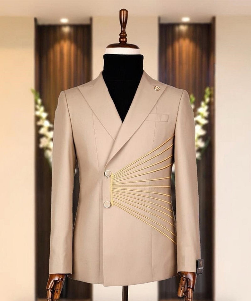 Embroidery Double Breasted Beige Suit