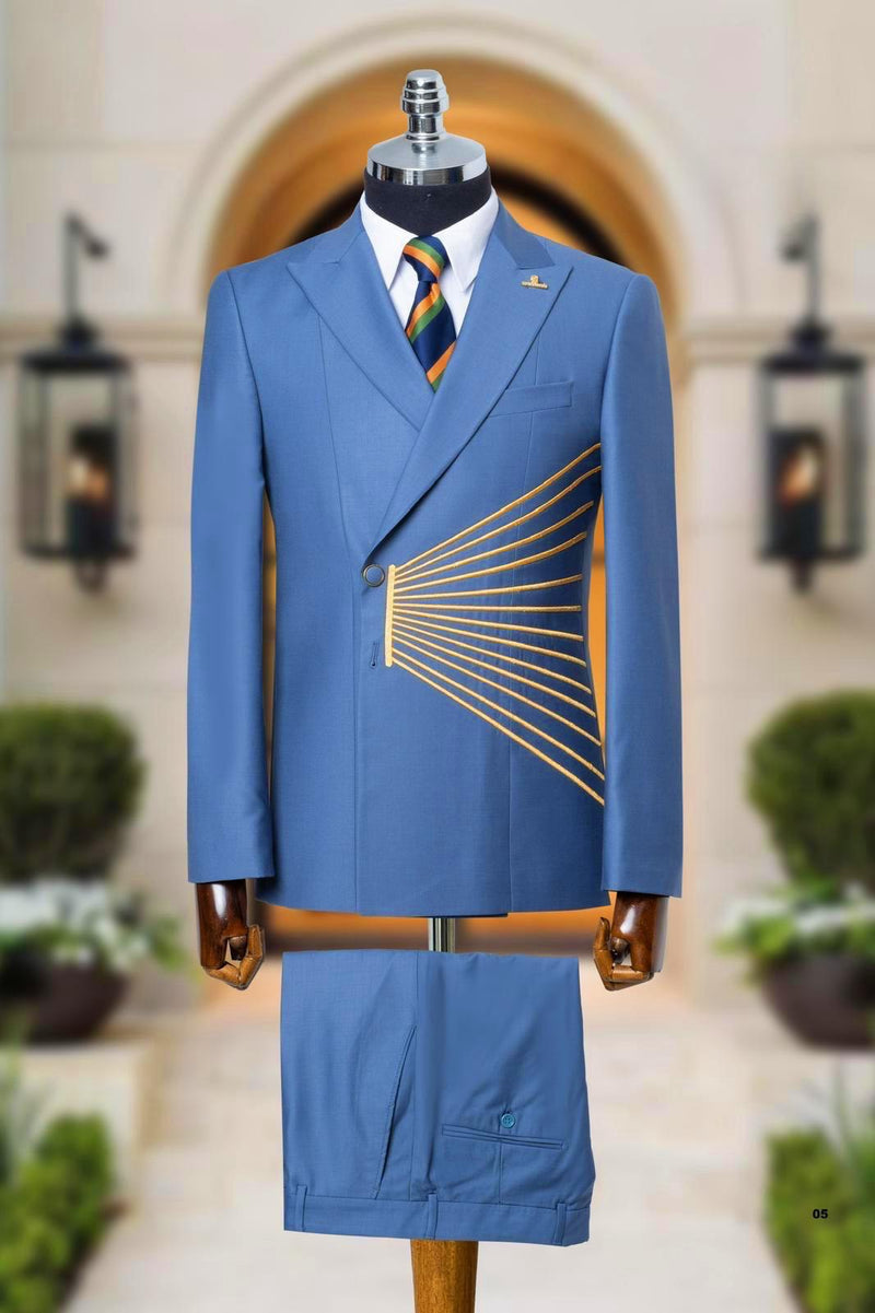 Embroidery Sky Blue Double Breasted Suit