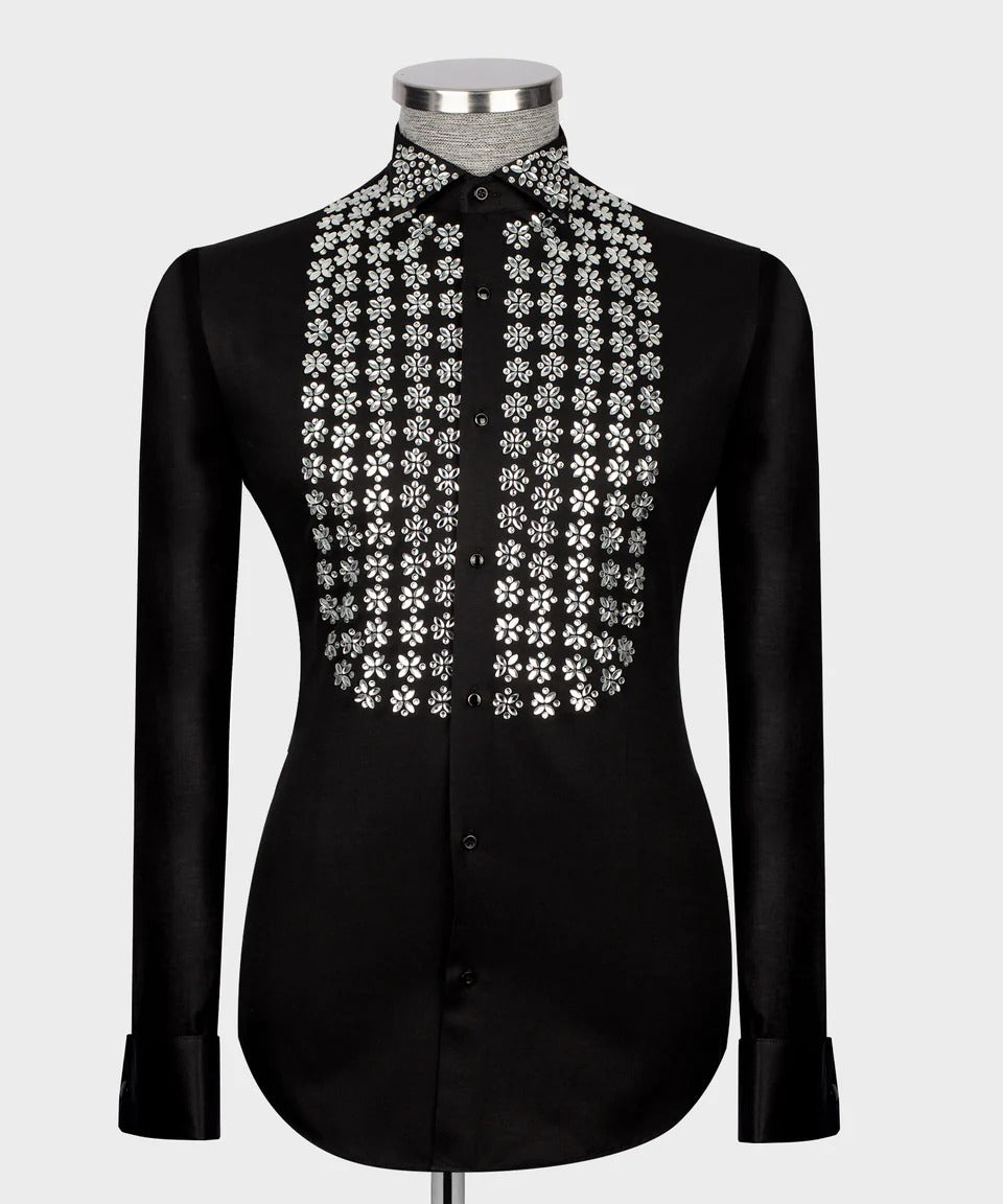 Frost Flair – Black Shirt with White Crystal Embellishments