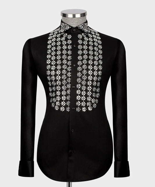 Frost Flair – Black Shirt with White Crystal Embellishments