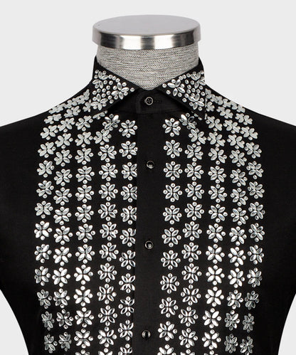❄️ "Frost Flair" – Black Shirt with White Crystal Embellishments