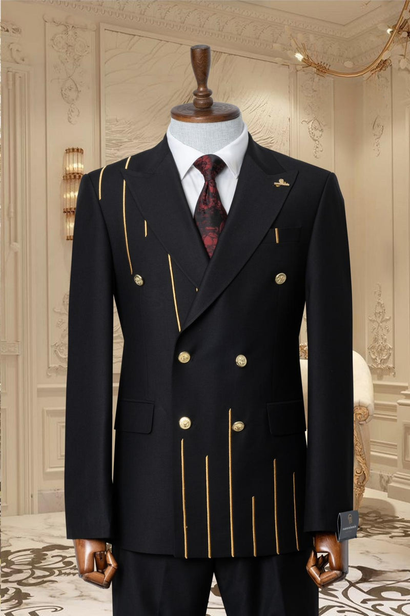 Gold Embroidered 2-Piece Slim Fit Black Suit