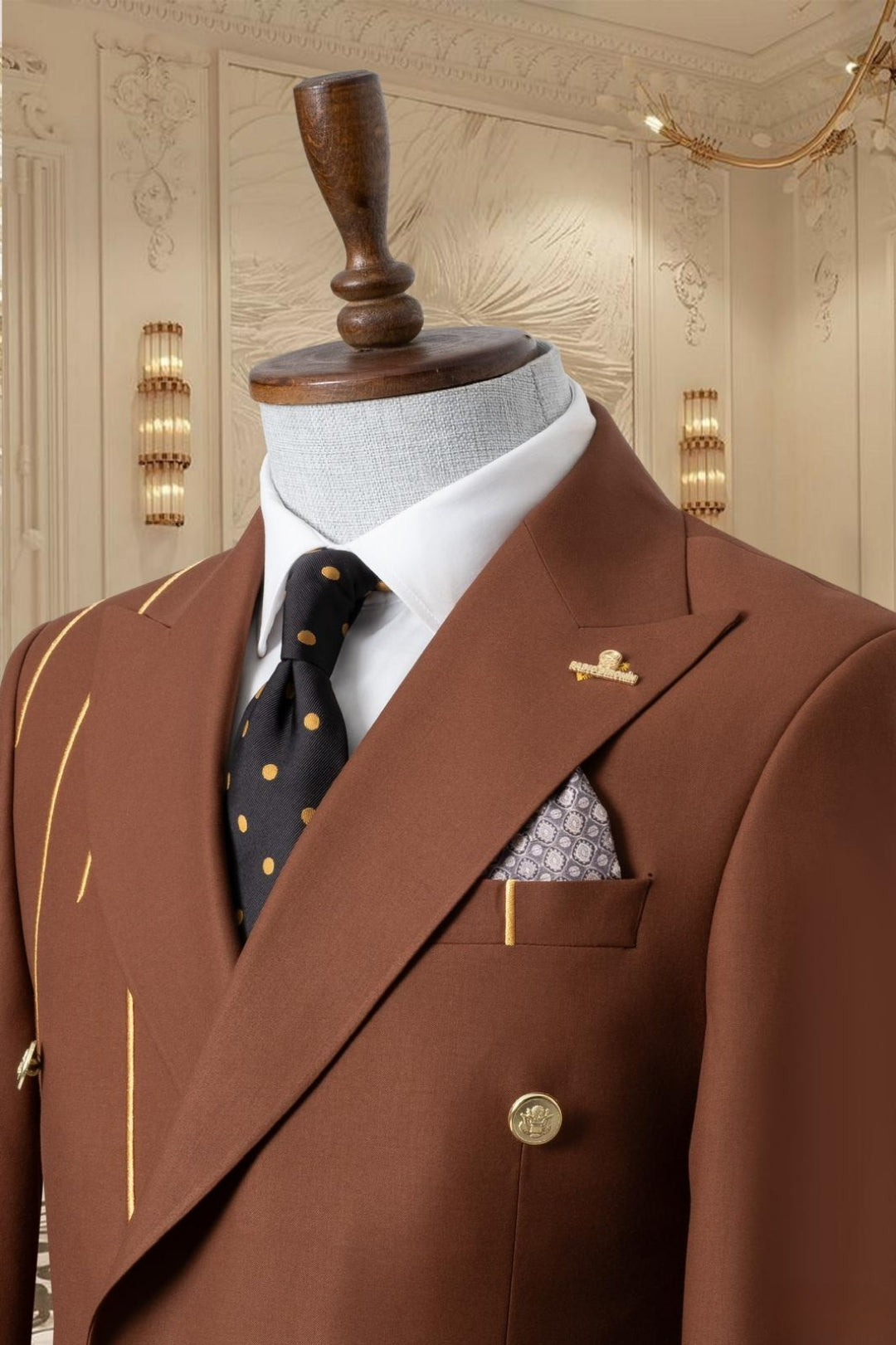 Gold Embroidered 2-piece Slim Fit Brown Suit