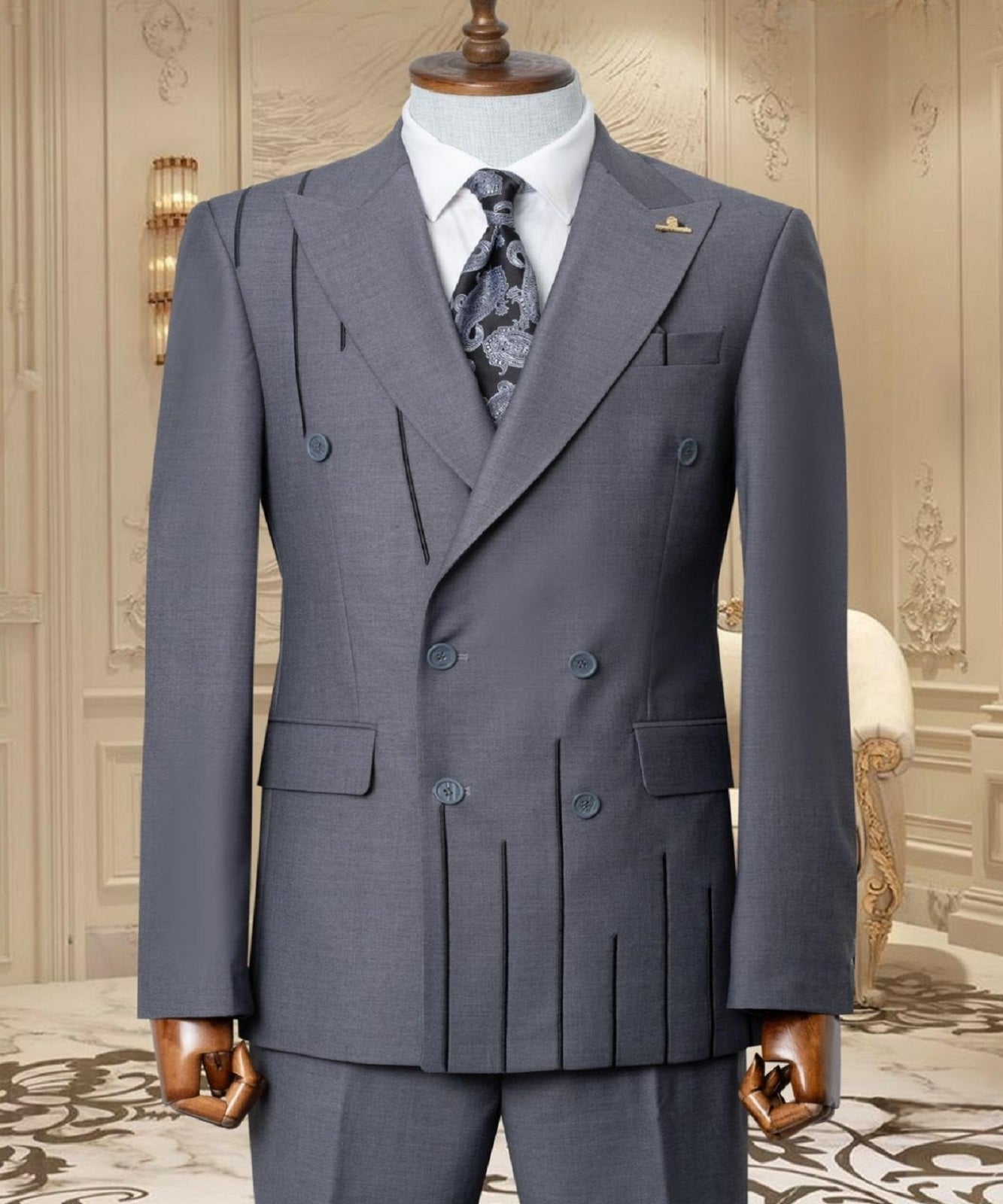 Gold Embroidered 2-piece Slim Fit Gray Suit