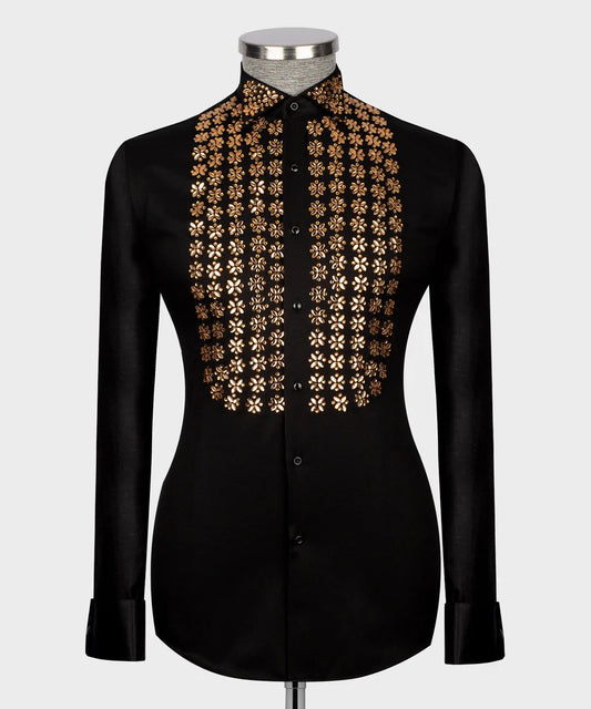 🌟 "Golden Bloom" – Black Shirt with Vertical Gold Crystal Floral Embellishments