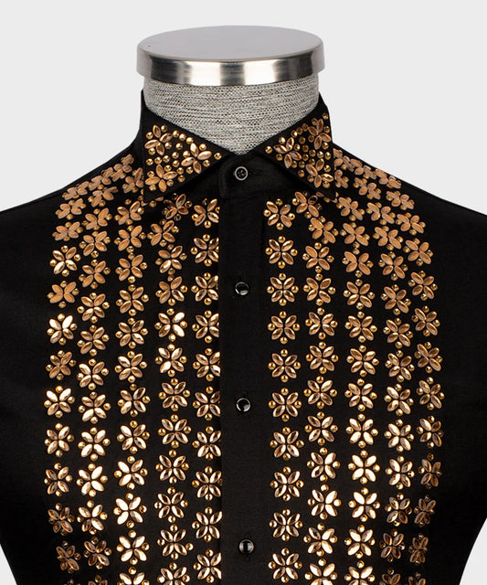 🌟 "Golden Bloom" – Black Shirt with Vertical Gold Crystal Floral
