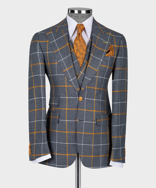 Grey & Orange Windowpane 3-Piece Suit – Bold Checks, Classic Confidence