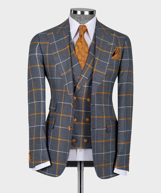 Grey & Orange Windowpane 3-Piece Suit – Bold Checks, Classic Confidence