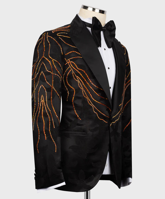 Handmade Golden Jacquard Fabric Embroidered Black Tuxedo