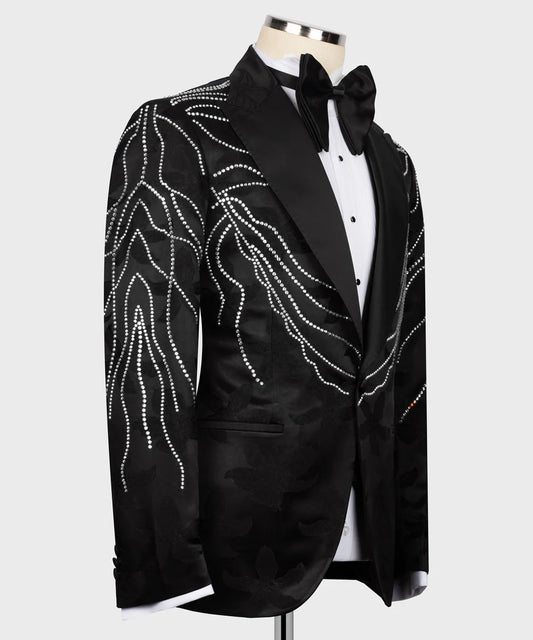 Handmade Silver Jacquard Fabric Embroidered Black Tuxedo