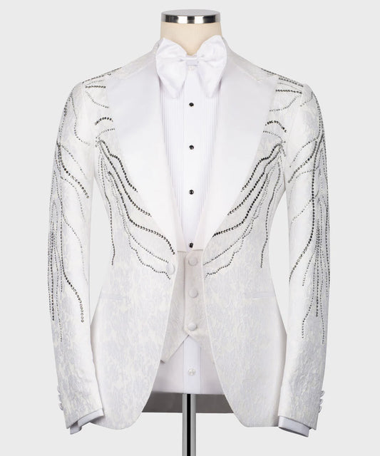 Handmade White Jacquard Fabric Embroidered Tuxedo