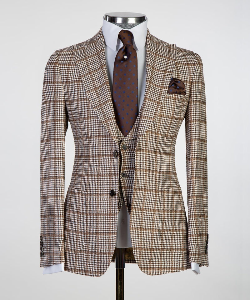 3 pieces Brown Business Plaid Suit