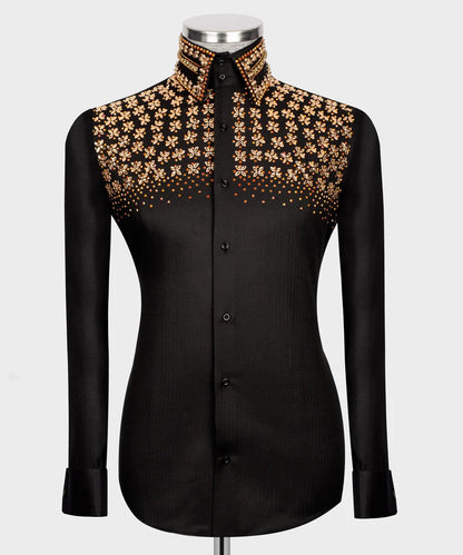 🌟 Imperial Bloom – Black Shirt with Golden Floral Crystal Embroidery