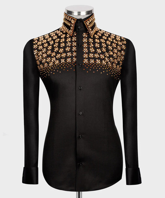 🌟 Imperial Bloom – Black Shirt with Golden Floral Crystal Embroidery