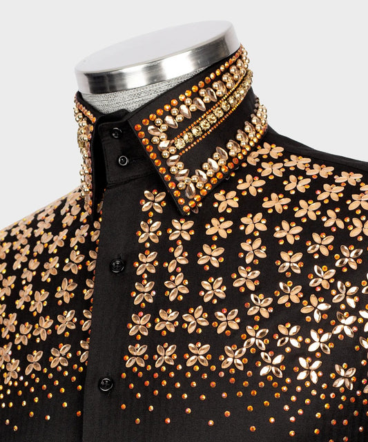 🌟 "Imperial Bloom" – Black Shirt with Golden Floral Crystal Embroidery
