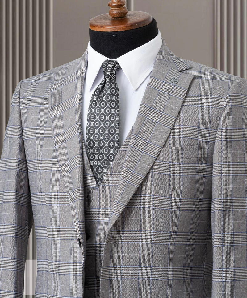 Light Grey Mens Suit With Blue Check 