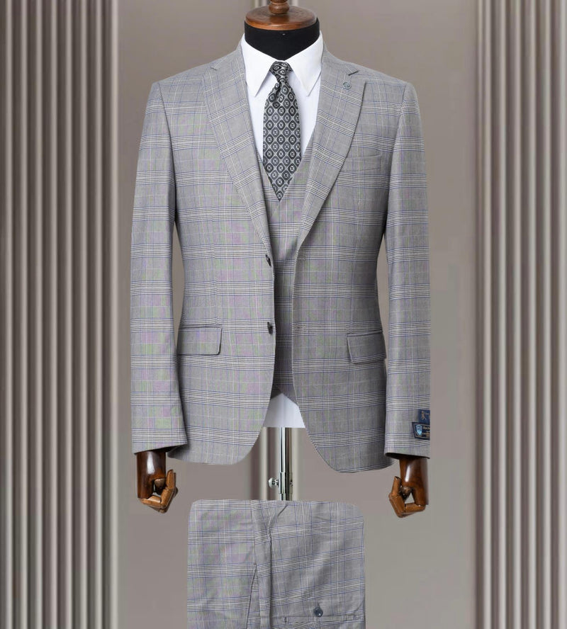 Light Grey Mens Suit With Blue Check 