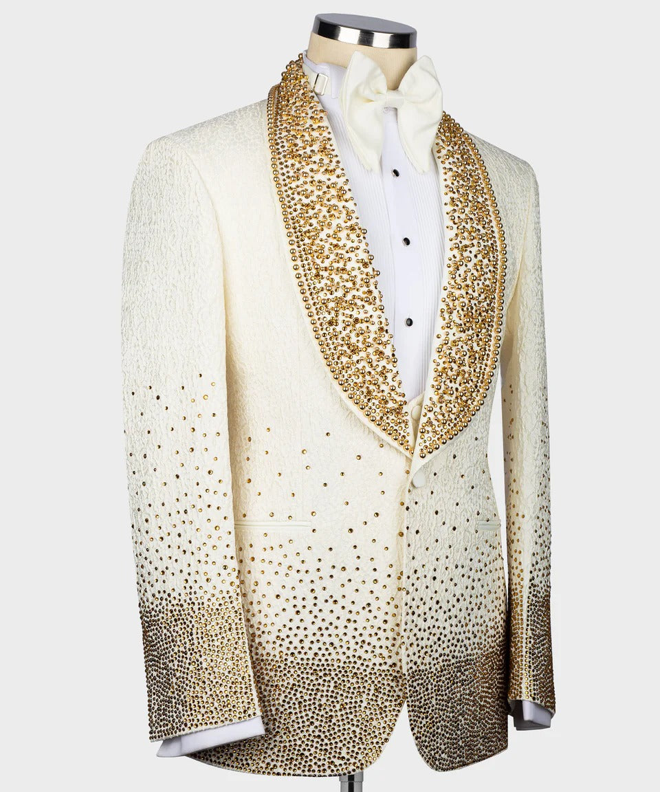 White tuxedo jacket with gold sequin trim on a mannequin against a white background