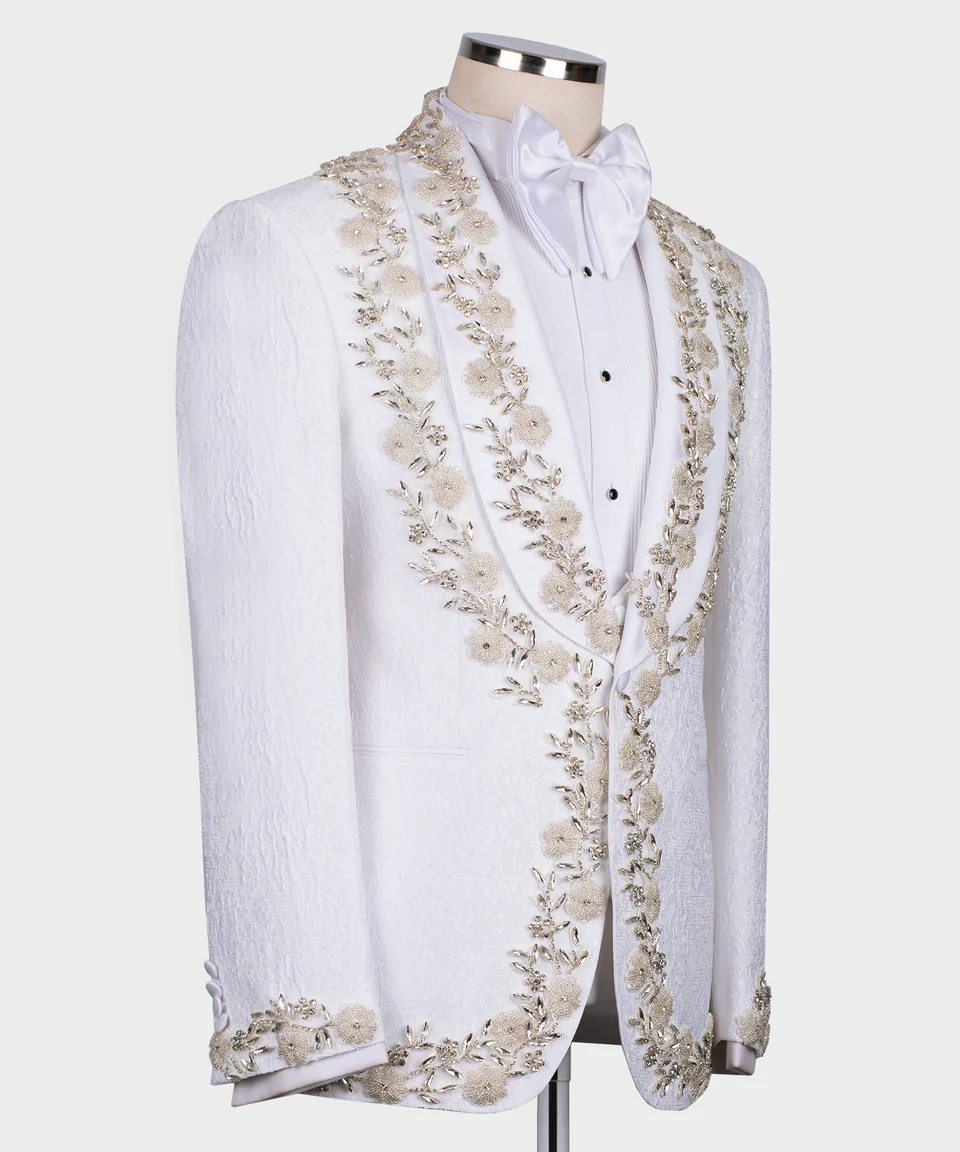 White embroidered jacket on a mannequin against a white background