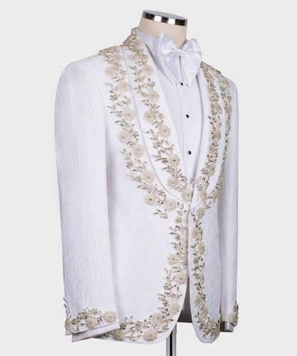 White embroidered jacket on a mannequin against a white background