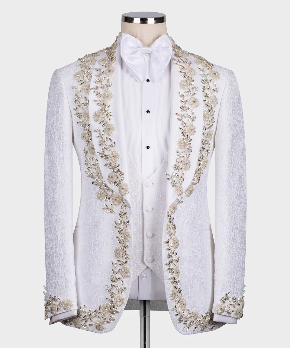 White embroidered jacket on a mannequin against a white background