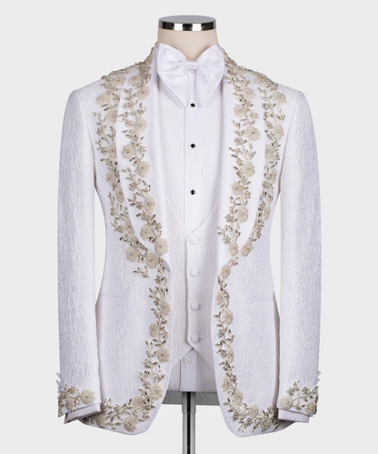 White embroidered jacket on a mannequin against a white background