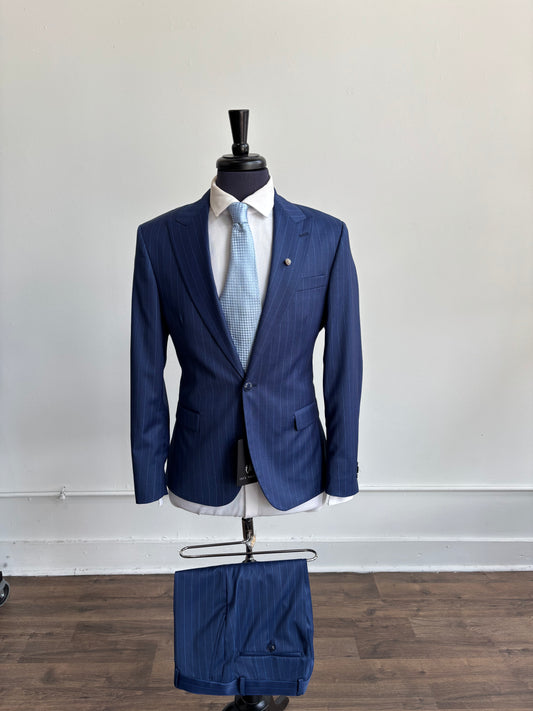 Men’s Tailored Blue Pinstripe Suit - Size 46 with Matching Pants & Tie